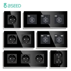 BSEED EU Standard Wall Sockets Single Powerful Outlets Black Double Frame Sockets Glass Panel Triple Sockets Kids Protection 16A