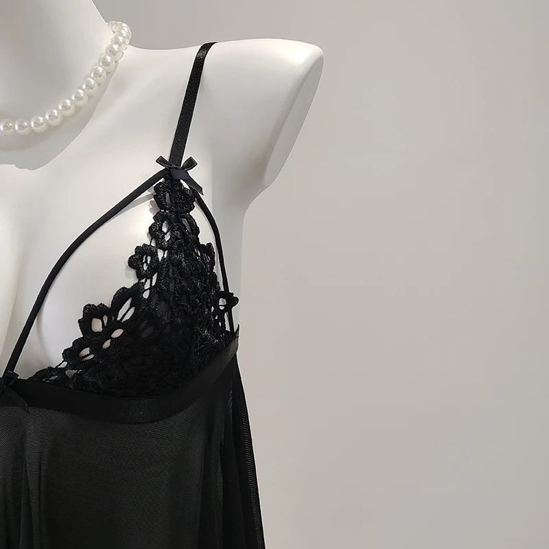 Sexy französisches Schlafkleid, Schlinge, hohl, Schmetterlingsknoten, Spitze, Nachtwäsche, Sommer, transparent, Versuchung, Babydoll, rückenfreies Nachthemd