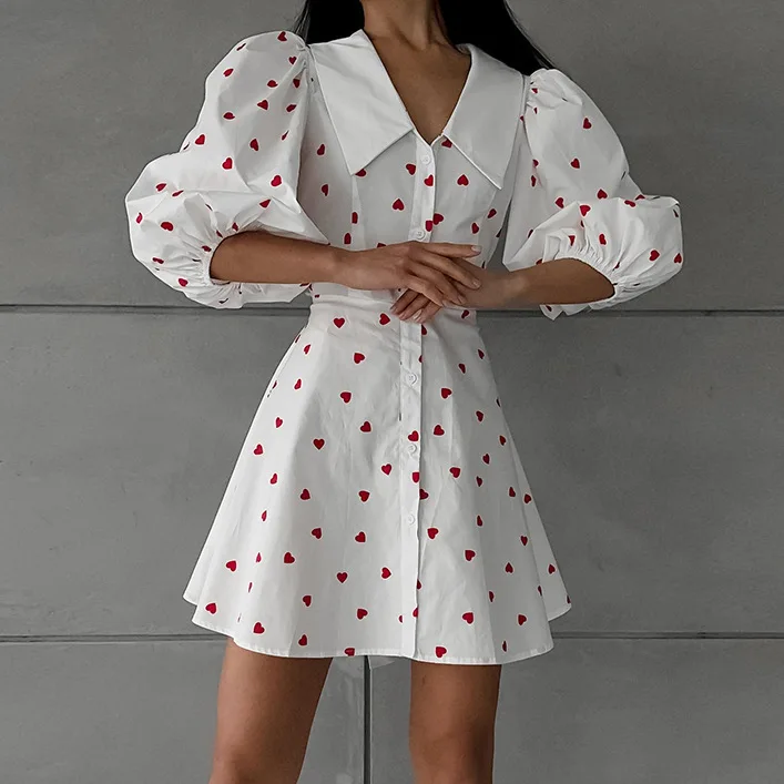 

Spring Summer New Cotton Linen Puff Sleeve High Waist Love Print Dress 2025 Fashion Short Skirt