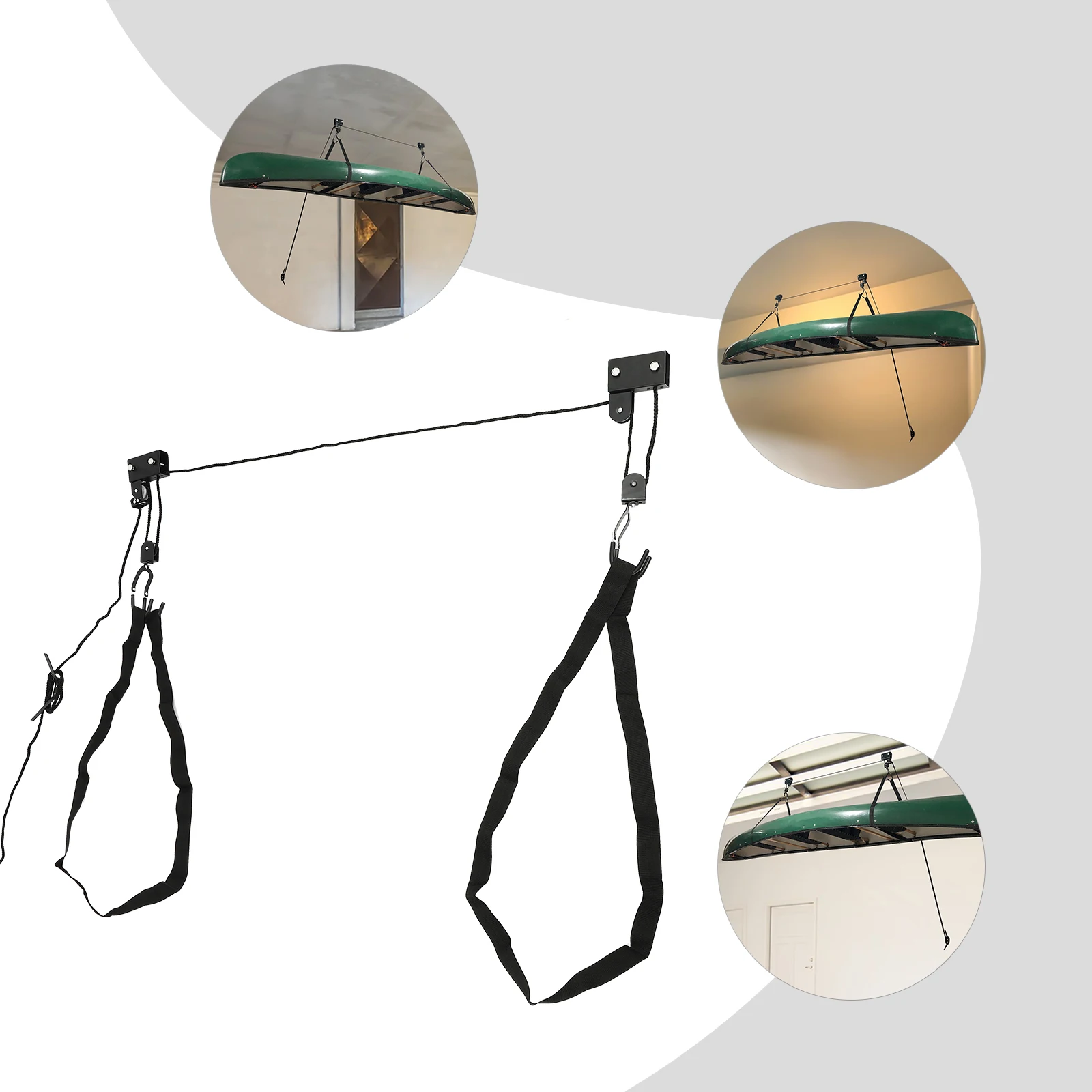 2 قطعة رافعة قوارب الكاياك والزورق، نظام بكرة تثبيت على سقف الدراجة، رافعة تخزين شديدة التحمل على المرآب، لقوارب الكاياك والزوارق