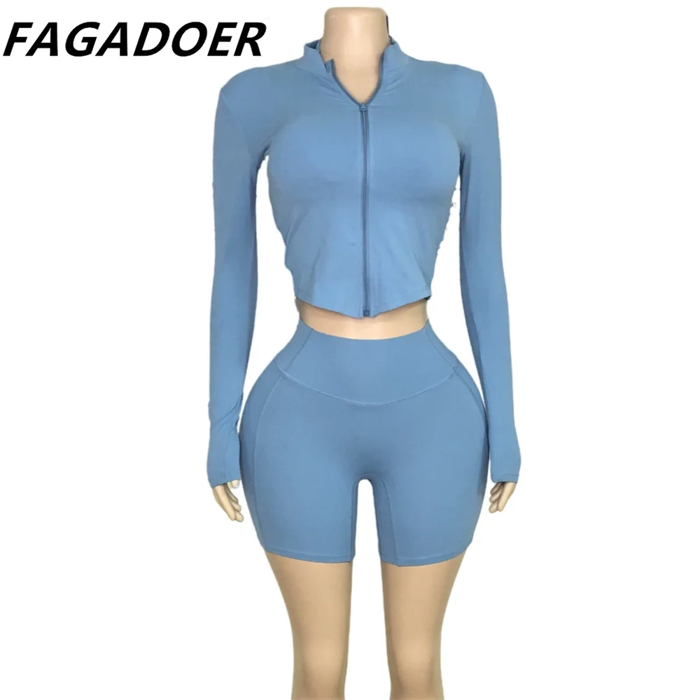 FAGADOER High Quality Stretchy Sporty 3pcs Sets Outfits Casual Tracksuit Candy Color Zip Jacket + High Waist Shorts + Sport Bra