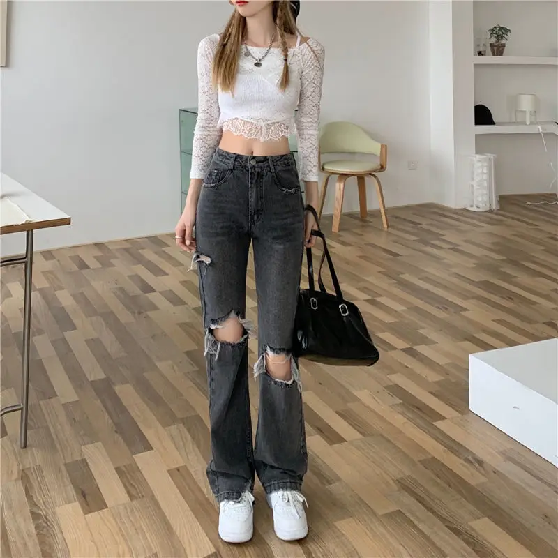 Smoky Grey Women\'s Jeans with Holes 2022 Spring Summer and Autumn Korean Version New Fashion Straight Leg Wide Leg Pants