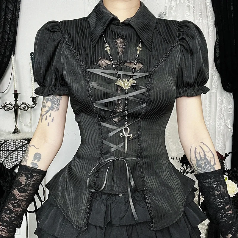 Bla Cross Hollow Lolita irt ort Sve Halloween Kostüm Cultural Subup Sle Ugly irt Damen Faion Top