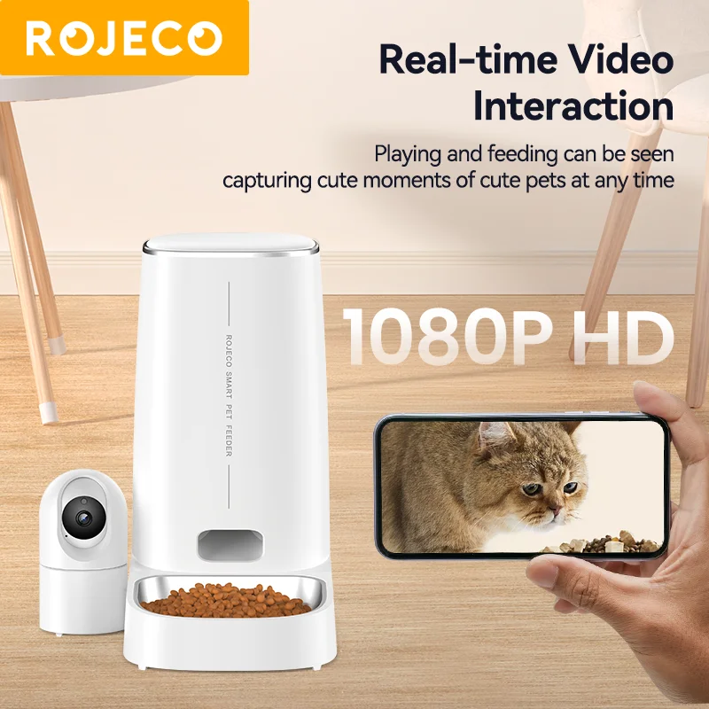 ROJECO 4L Automatic Cat Feeder With Camera Video Cat Food Dispenser WIFI Pet Smart Voice Calling Auto Feeder For Cats Dogs Pet