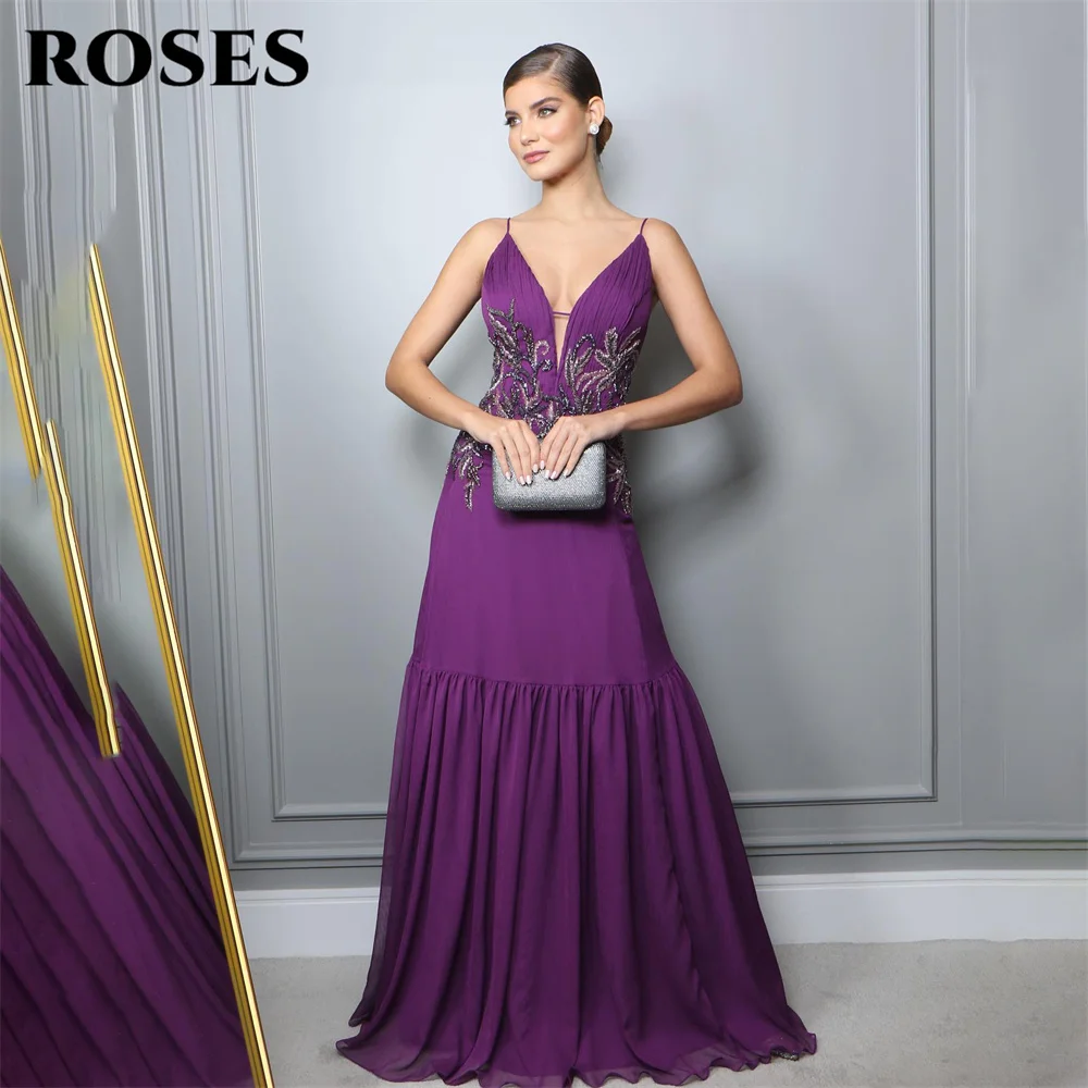 

ROSES Spaghetti Strap Chic Woman Evening Dress Gown Grape Beach Chiffion Ball Gown Embroidery Night Dresses Gown robes de soirée