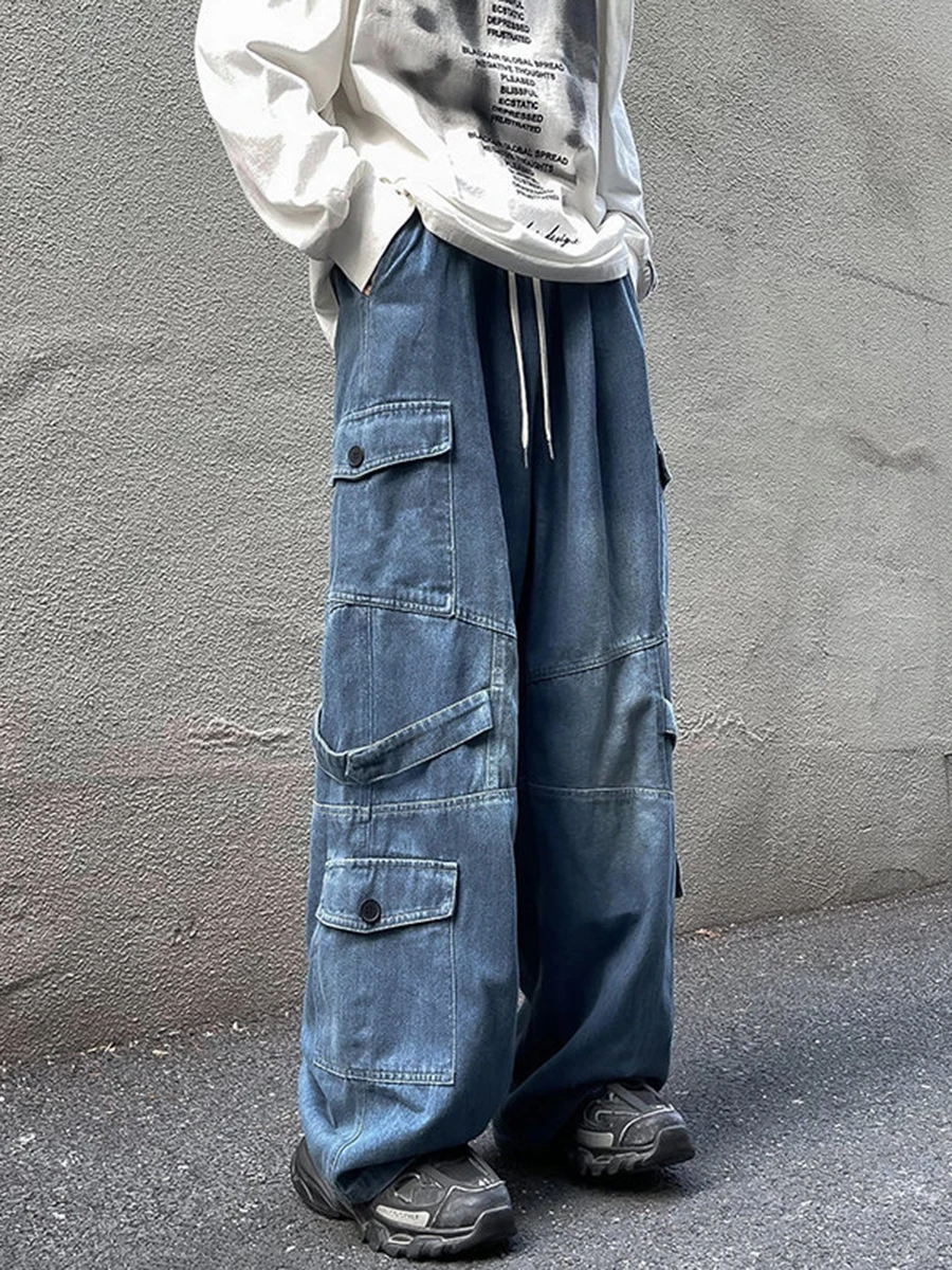 

American High Street Hiphop Men's Loose Wide Leg Jeans Retro Versatile Casual Long Pants Multiple Pockets Youth Trend