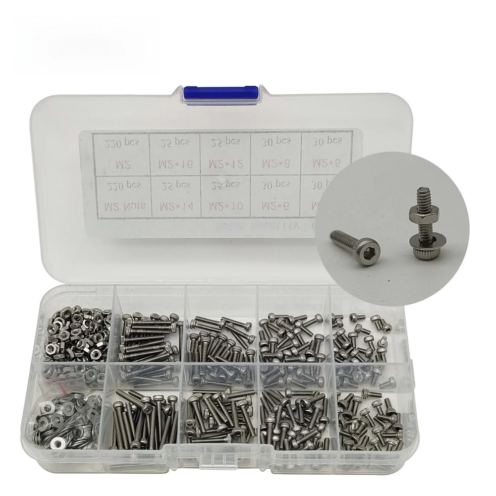 660pcs Hex Socket Screw Matching Nuts Flat Washers 304 Stainless Steel 2mm Hex Socket Head Cap Screws With Portable Storage Box