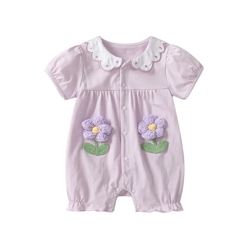 

Summer Baby Girl Doll Collar Front Open Button Short Sleeve Onesie Rompers Cotton Small Flower Newborn 0-1 Years Bodysuits