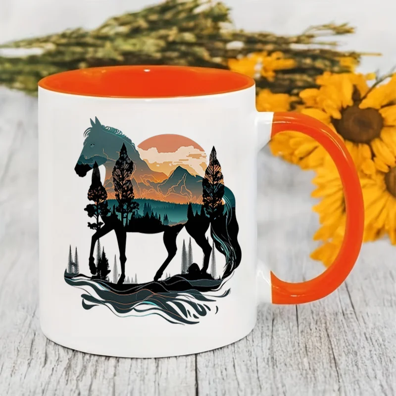 Horse Mountain Sunset Colorful Print Ceramic Coffee Mug 11oz 350ml Personalized Custom Cute Aesthetic Mug Microwave Safe Birthda