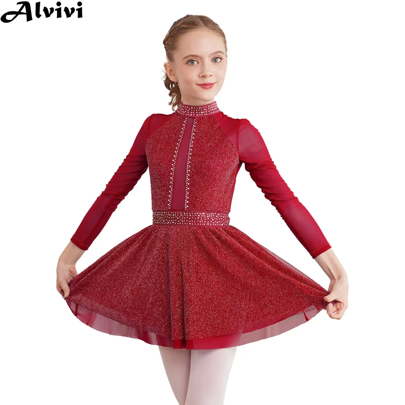 Girls Figure Skating Dress Lyrical Dance Ballet Gymnastics Performance Costume Long Sleeve Shiny Mesh Leotard Dress Dancewear