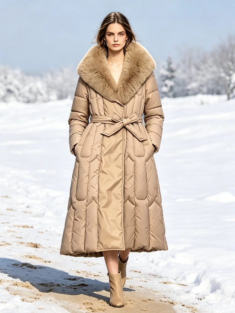 Large Women's Winter Jacket Big Fur Collar Waist Cinching Slimming Light Luxury Jacket Cotton Jacket Over The Knee Cotton Jacket