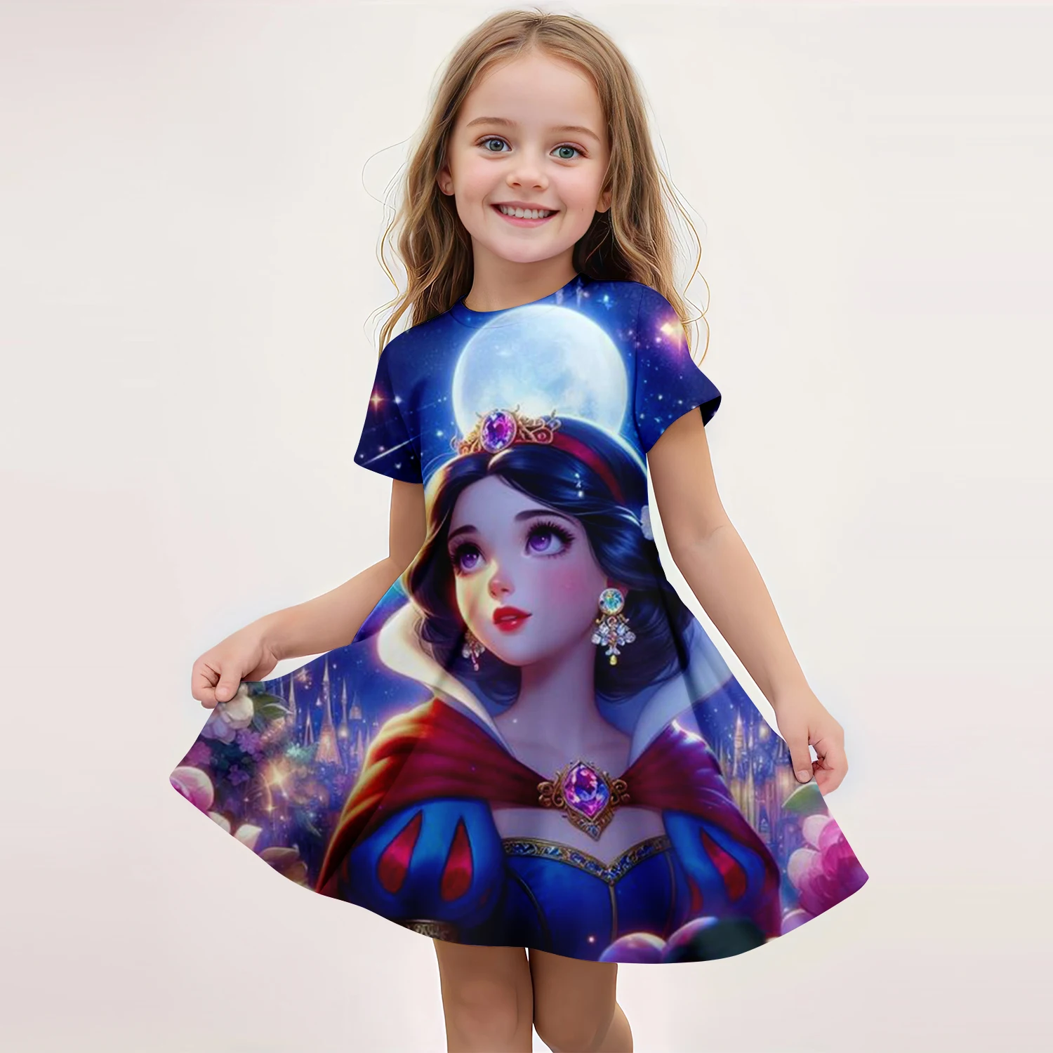 MINISO Snow White Summer Girl Dress Cute 3D Printed Disney Girl Dress Fashion Trendy Children\'s Clothing Party Performance Dress