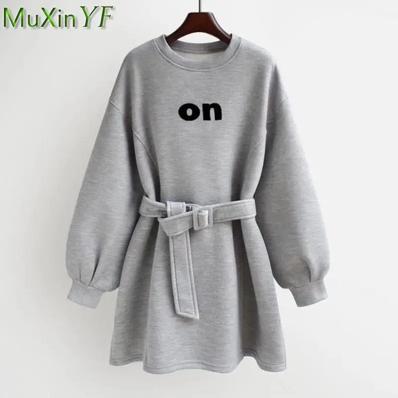 

Women's Spring Autumn Sweatshirt Dress with Waistbelt 2023 New Korean Lady Casual Loose Letter Black Dresses Sports Clothing