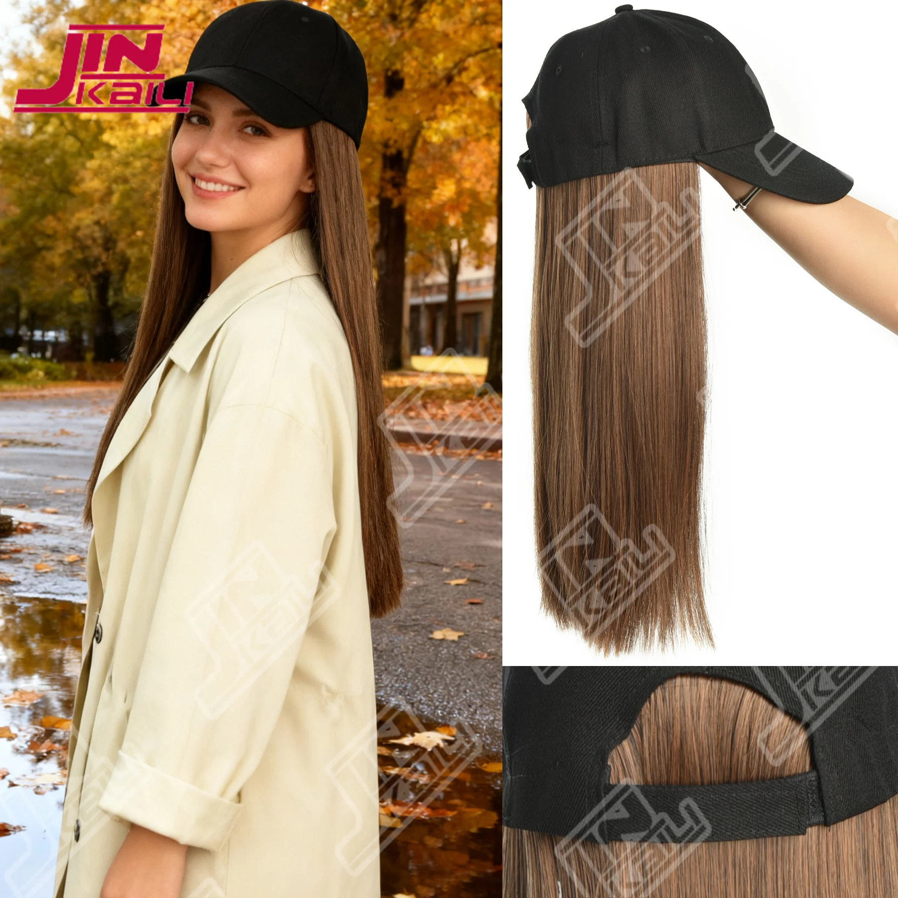 

JKL Синтетическая шляпа-парик с длинными прямыми черными волосами Бейсбольная кепка для наращивания волос Стильный и удобный универсальный дизайн для женщин