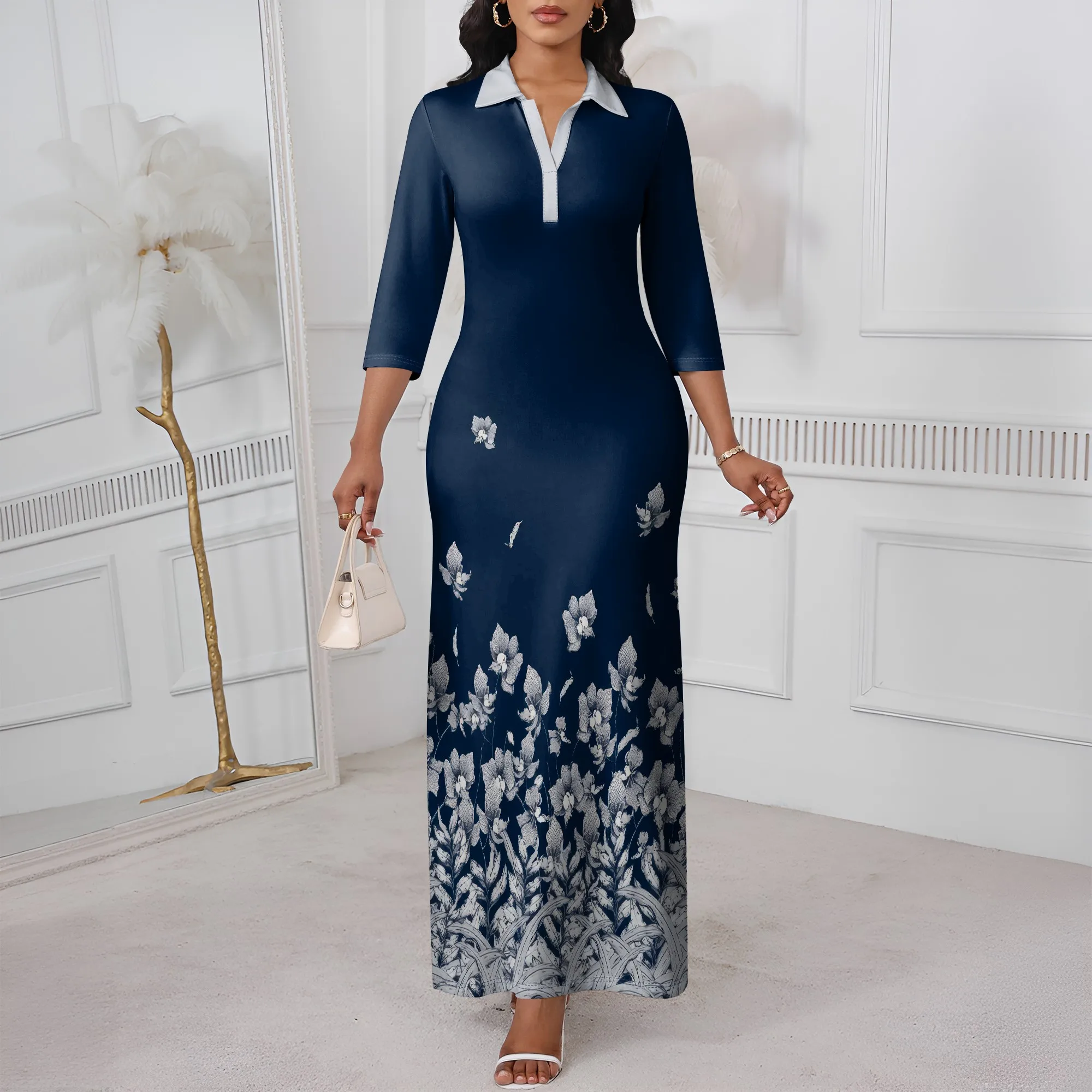 

Nupusa Navy White Floral Print Dress for Women Regular Size Casual Shirt Collar 3/4 Sleeve Maxi Dress