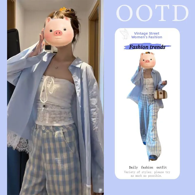 

Salt Series Youthful Lace Trim Shirt Vest Plaid Wide Leg Pants Three Piece Set Women's Fashionable Anti-Aging Ensemble
