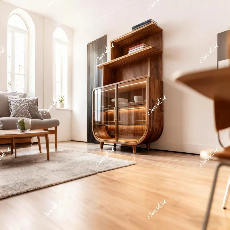 

Glass wine cabinet Italian minimalist solid wood double door display, living room storage and storage decoration