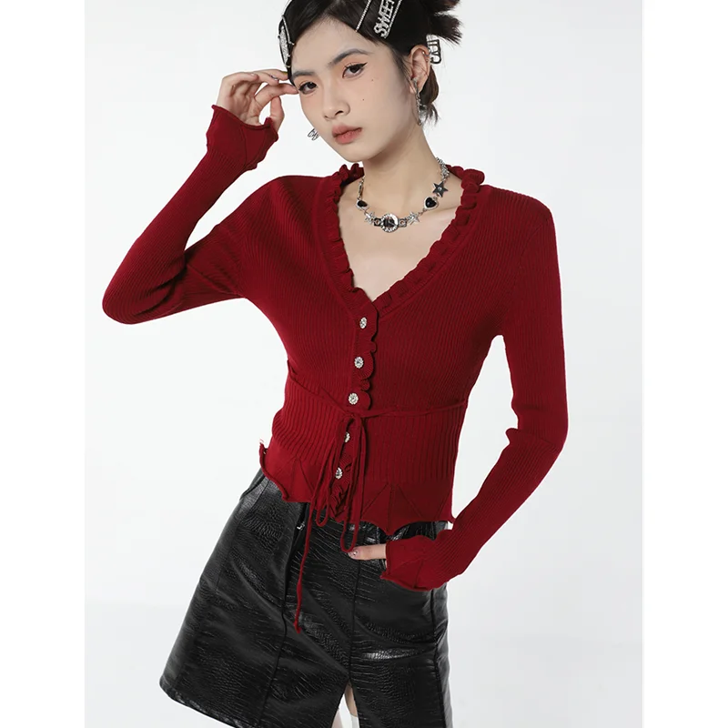 2023 Women\'s Clothes Red  V-neck Sweater French Vintage Spring Design Mature Female Knitting Slim Fit Long Sleeves Tops Cardigan