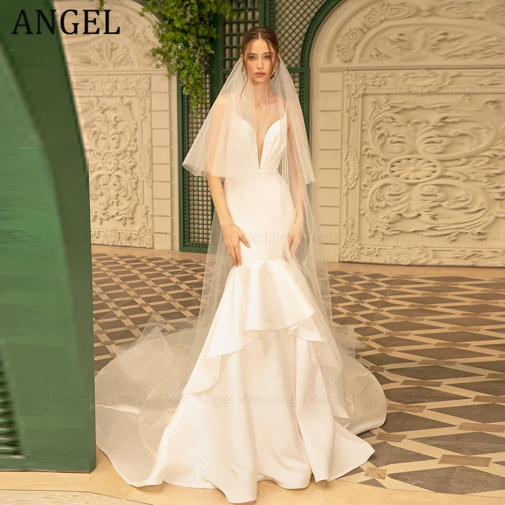 

ANGEL Spaghetti Straps Mermaid Wedding Dress For Women Soft Satin Bride Party Sleeveless Backless Robe De Mariée Bridal Gowns