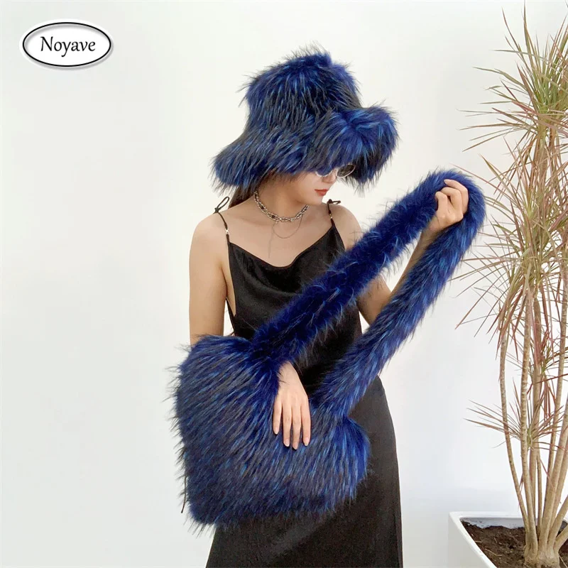 New Pink Large Brim Winter Warm Plush Bucket Hat and Bag Women\'s Imitation Raccoon Fur Fisherman Hat Bucket Hat Hats for Women