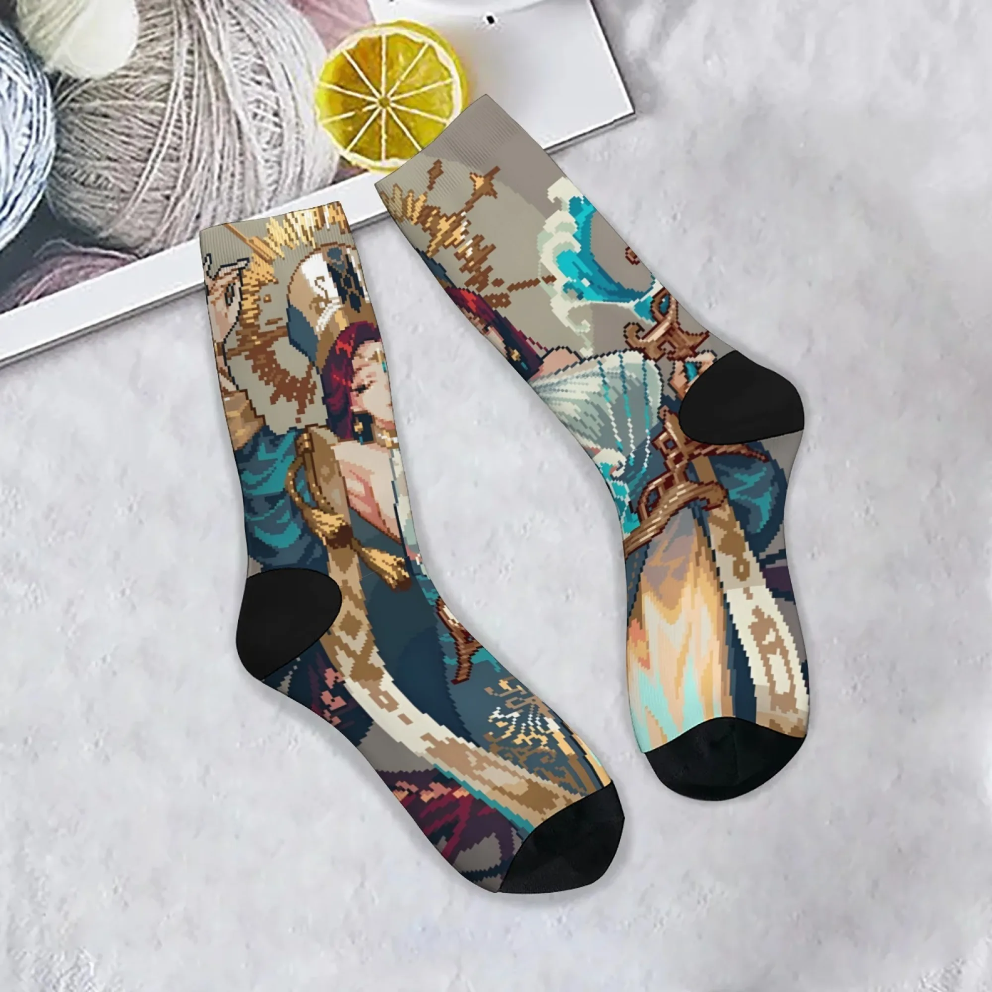 Harajuku Retro Cartoon Pixel Print Damen Charakter Print Herrensocken Roman Street Style Crew Socken Bequeme Freizeitsocken