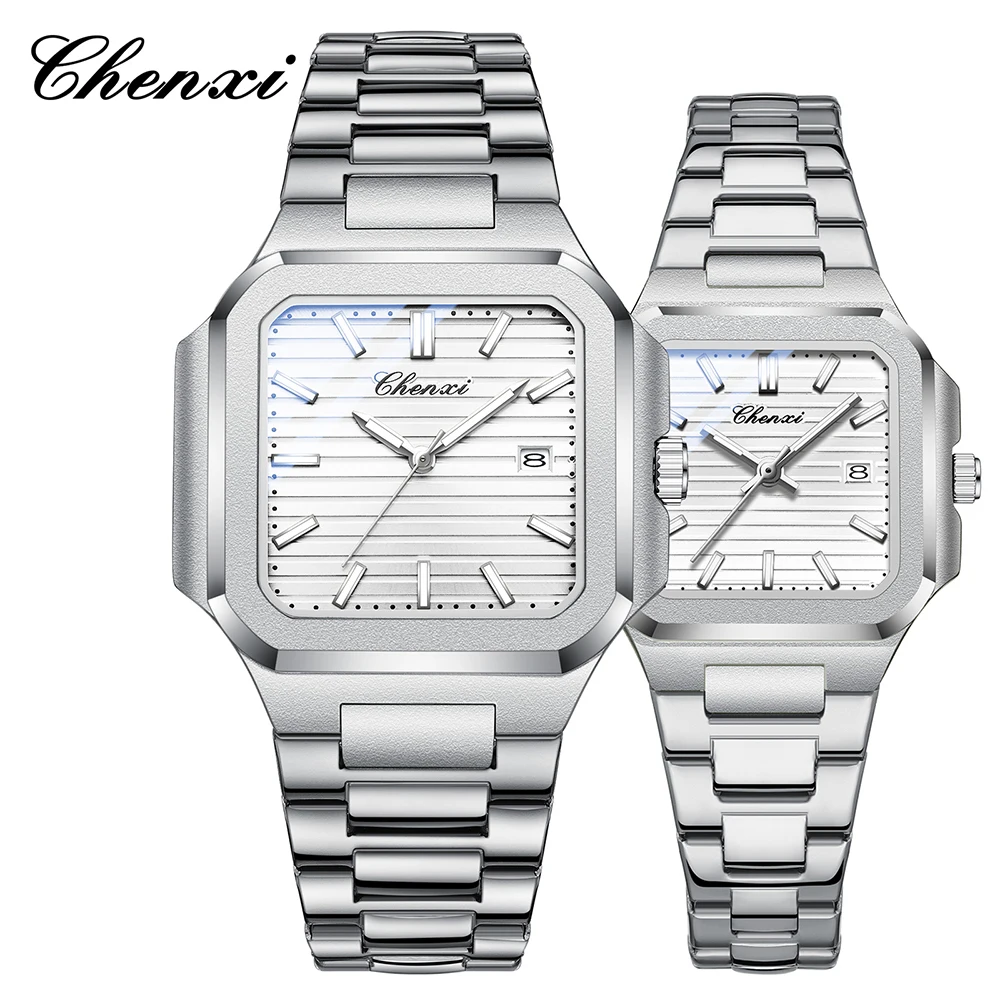 CHENXI Simple Fashion Quartz Couple Watch Luminous Waterproof Men Women Watches Square Dial Stainless Steel Couples Wristwatches