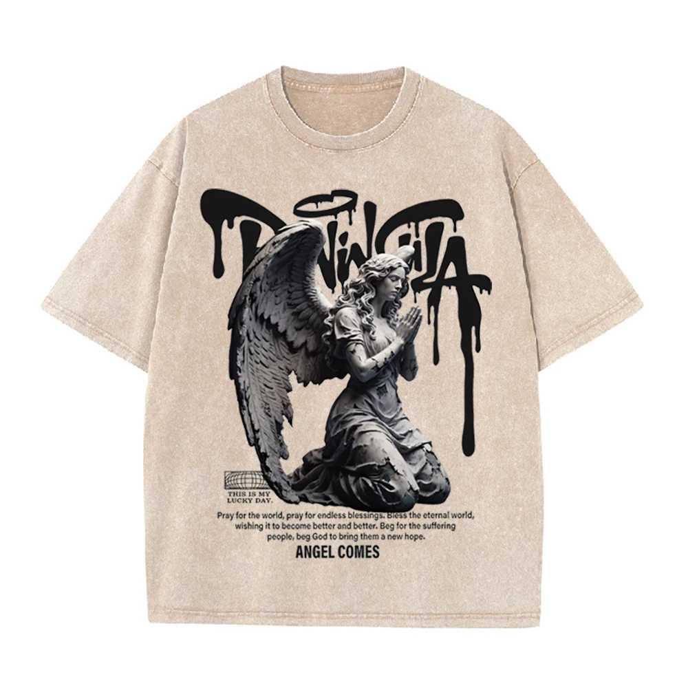 2026 Vintage Washed Beige Praying Angel Statue Graphic T Shirt Gothic Drip Letter Print Oversized Casual Short Sleeve Tee