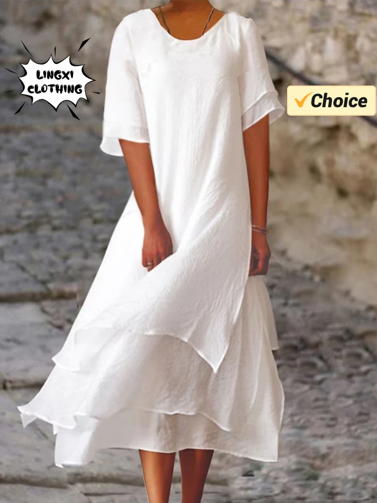 2024 Summer Fashion Solid Color Long Women's Irregular Dress V-neck Half Sleeve Leisure Vacation Beach Women's Robe