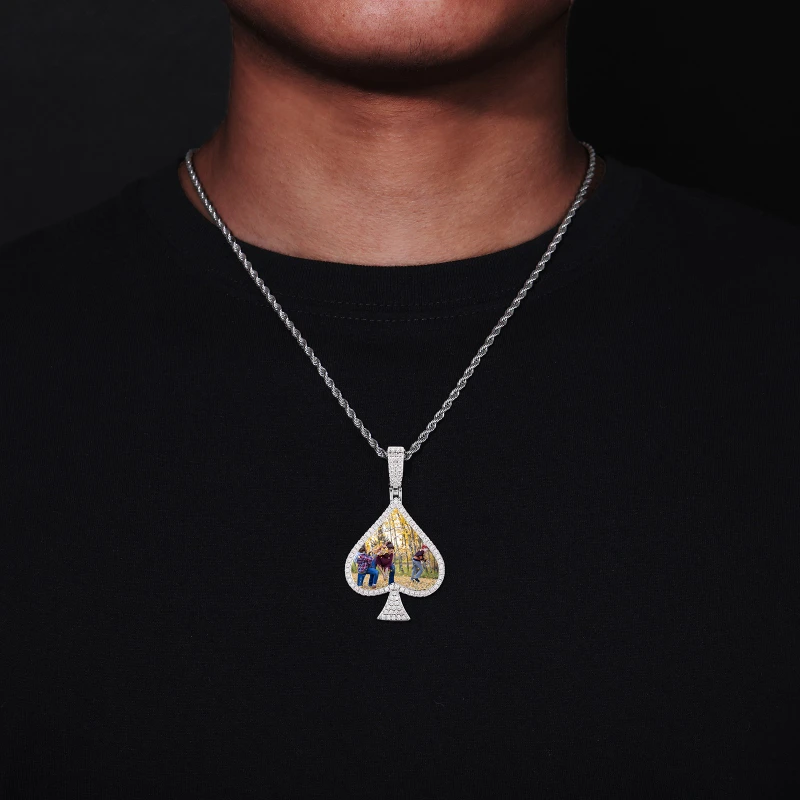 Custom Photo Pendant Necklace Chain Brass 5A Zircon Spades Photos Pendant Hip Hop Jewelry Personalized Custom Name Engraved