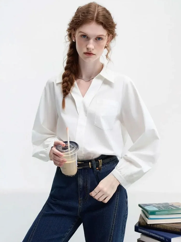 

Женская премиум-рубашка ZhuoZhi с V-образным вырезом, белая, для офиса, с длинным рукавом, дышащая, повседневная