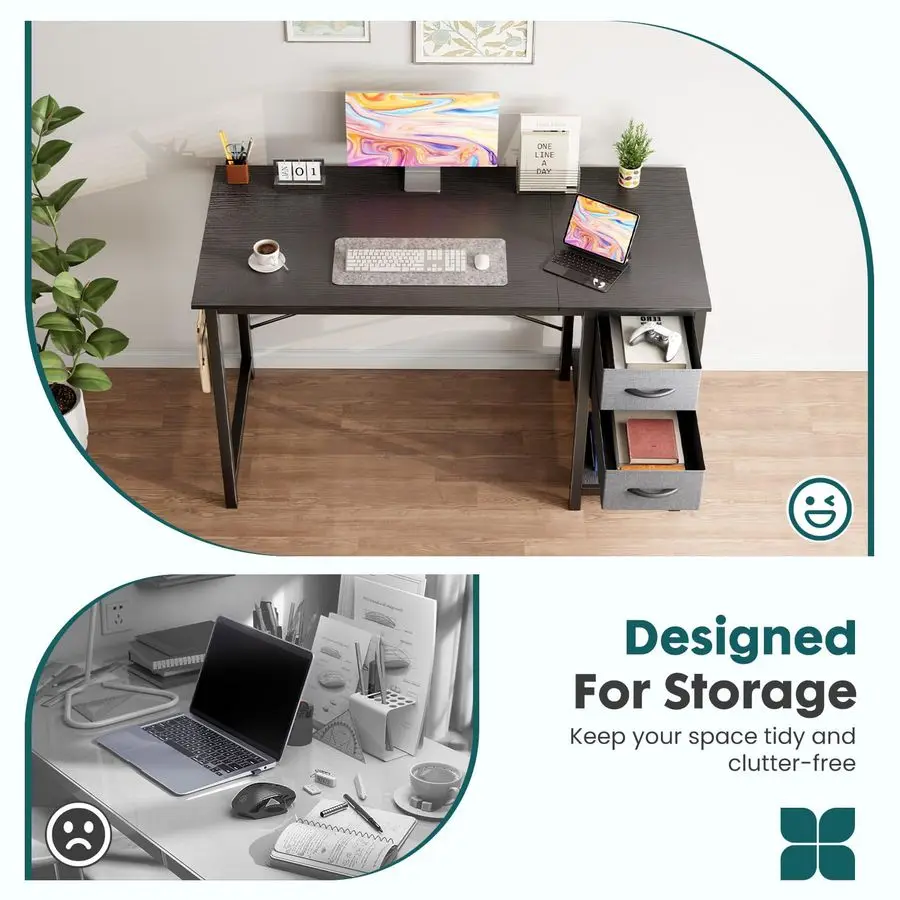 Small Computer Desk with 2 Drawers 40 Inch Home Office Desk Modern Simple Study Writing Table with Storage Shelf for Bedroom, B