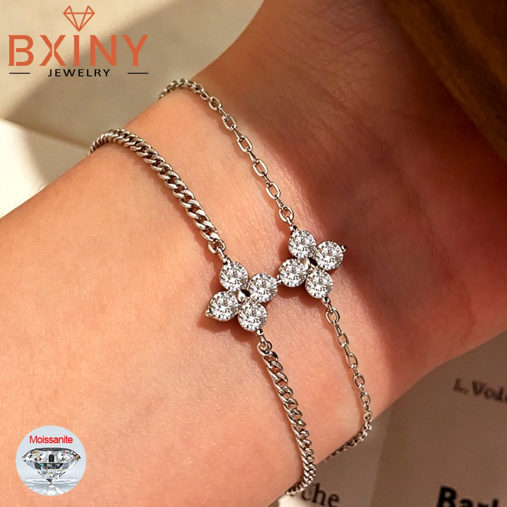 BXINY 3mm All Moissanite Clover Bracelets 925 Sterling Silver Minimalist Diamond Hand Chain for Women Fine Jewelry Gift with GRA