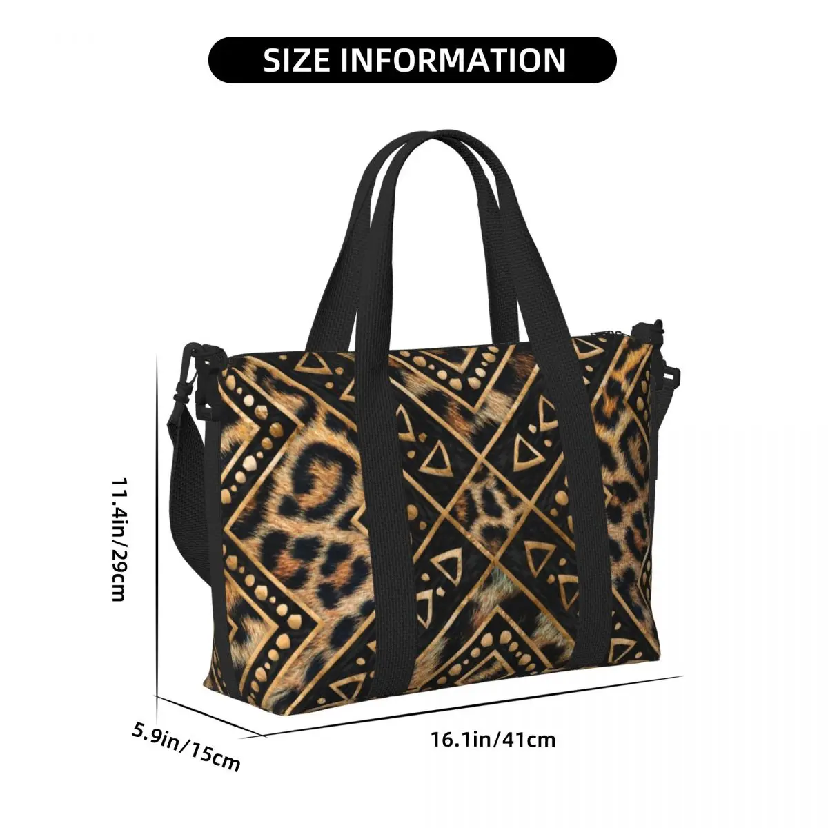 Borsa per la spesa personalizzata in pelliccia di leopardo etnica tribale geometrica Tote Shopping Bag Borse da palestra da spiaggia con texture in pelle animale di grande capacità