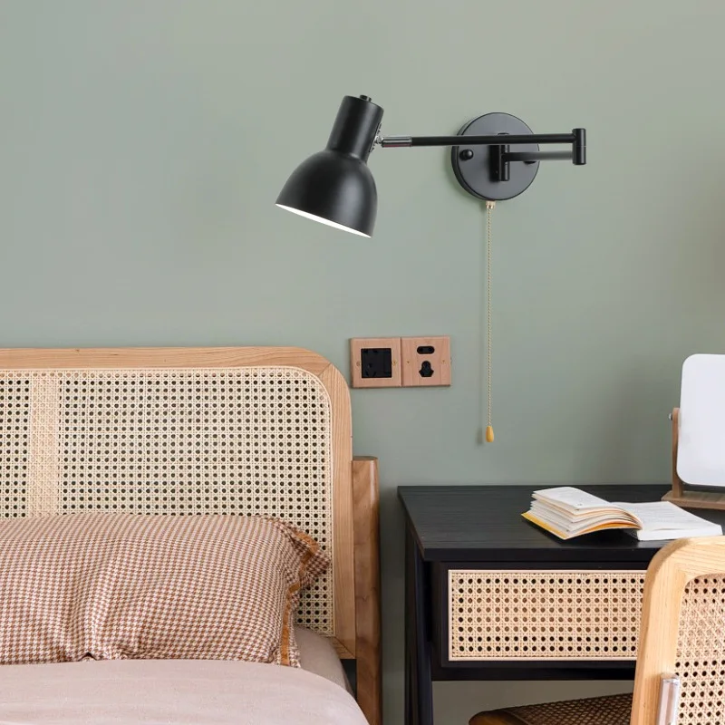 Hotel Swing Reading Wall Lamp Chrome Color Iron Lampshade Fabric Shade Wall Lustre E27 Rotatable Bedroom Decoration Sconce Light - view 3
