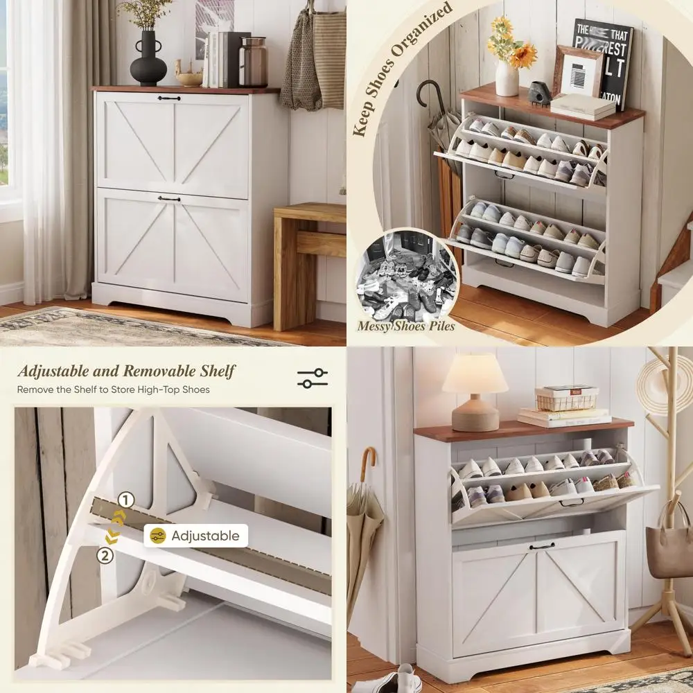 Freestanding Shoe Organizer Cabinet with Flip Drawers, 31.5 Wide Barn Door Style Metal Handle Storage