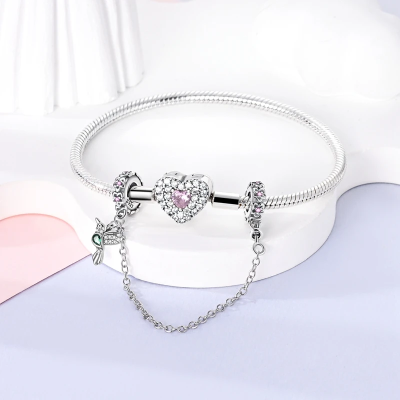 Fit DIY 925 Original Bracelets Flower Hummingbird Rubber Plug Safety Chain 925 Silver Charms Pendant DIY Birthday Jewelry Gifts