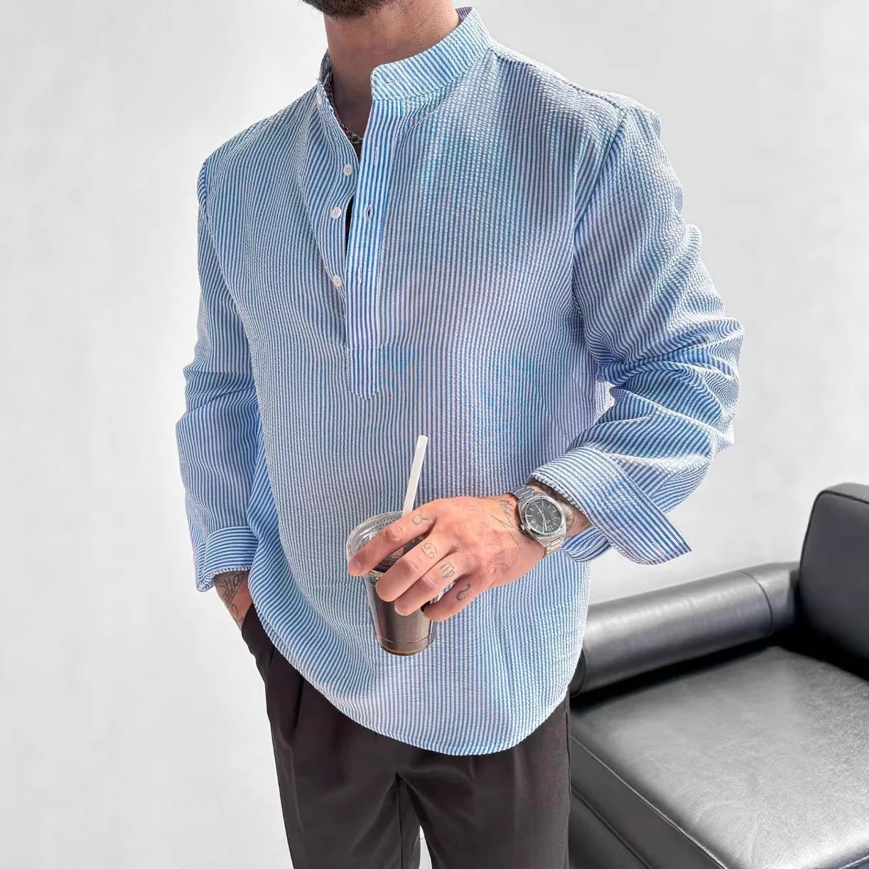 2026 New Men's Striped Long-sleeved Shirt Spring and Autumn Casual Fashion Stand-up Shirt