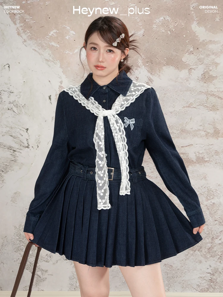 

Новая ретро-юбка в гонконгском стиле с кружевными вставками на плечах, джинсовая, с высокой талией, плиссированная, для похудения, больших размеров, женская, осенняя мода