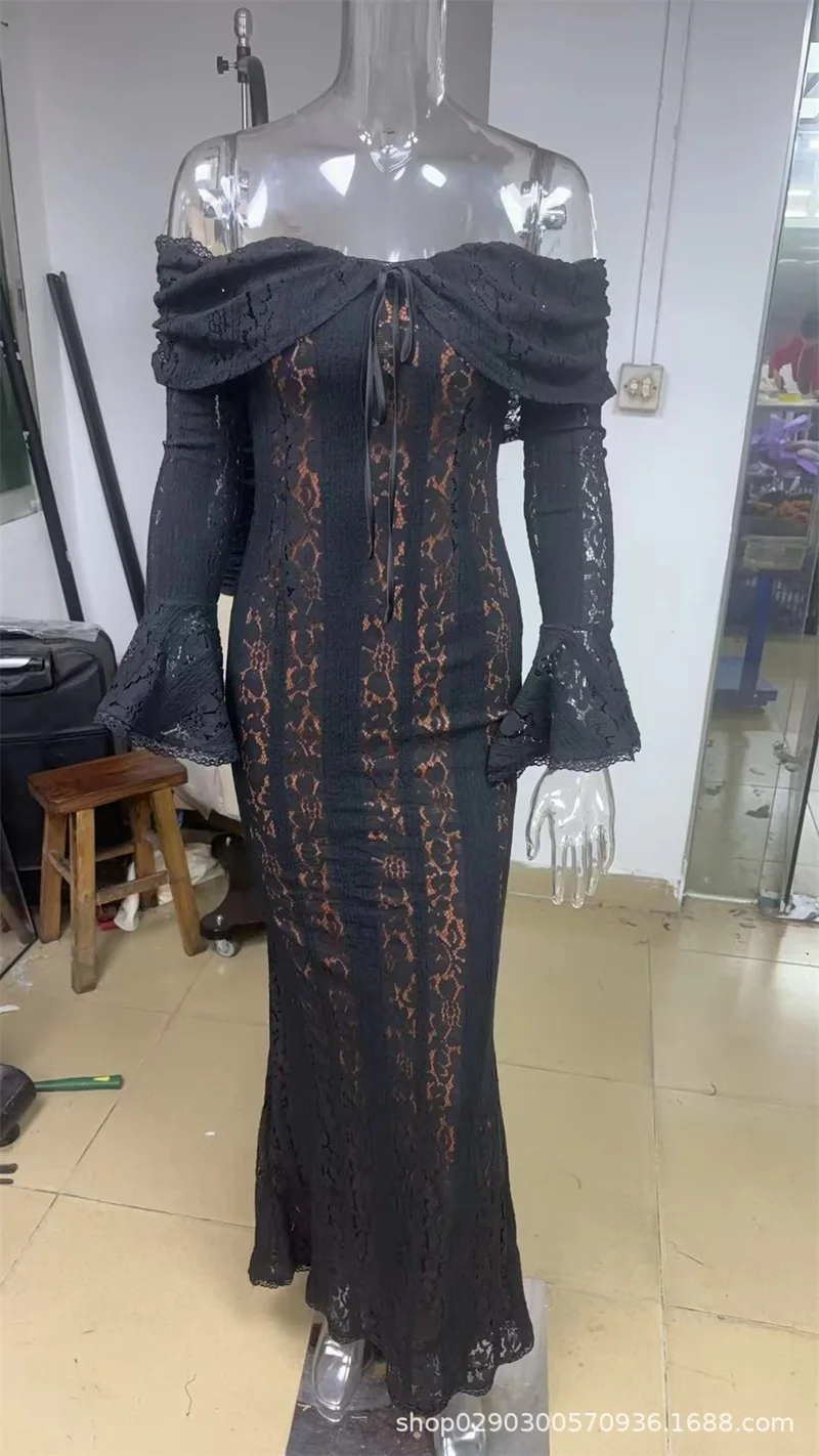 Abito da ballo da donna in pizzo bianco con fodera con spalle scoperte maniche lunghe abito da festa abiti lunghi tubino abito da sera formale per ospiti a sirena