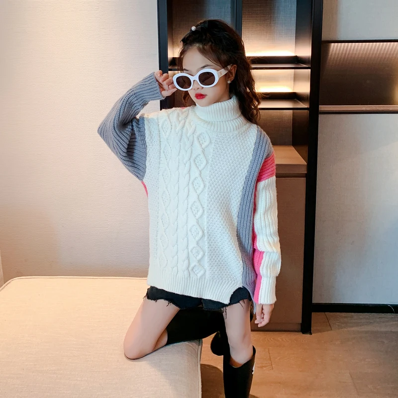 Baby's Long Sleeve Sweater 2022 New Style Girls' High Neck Luxury Design Coat Autumn Winter Kids Knitwear Cheap Stitching Colors