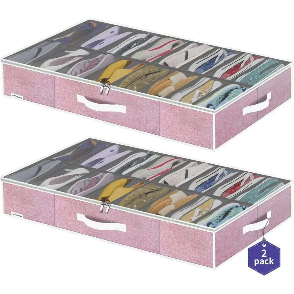 

Double Pack Shoe Storage Bins, Holds 16-32 Pairs, Underbed Organizer, 37.7x23.6x5.9, Soft Pink