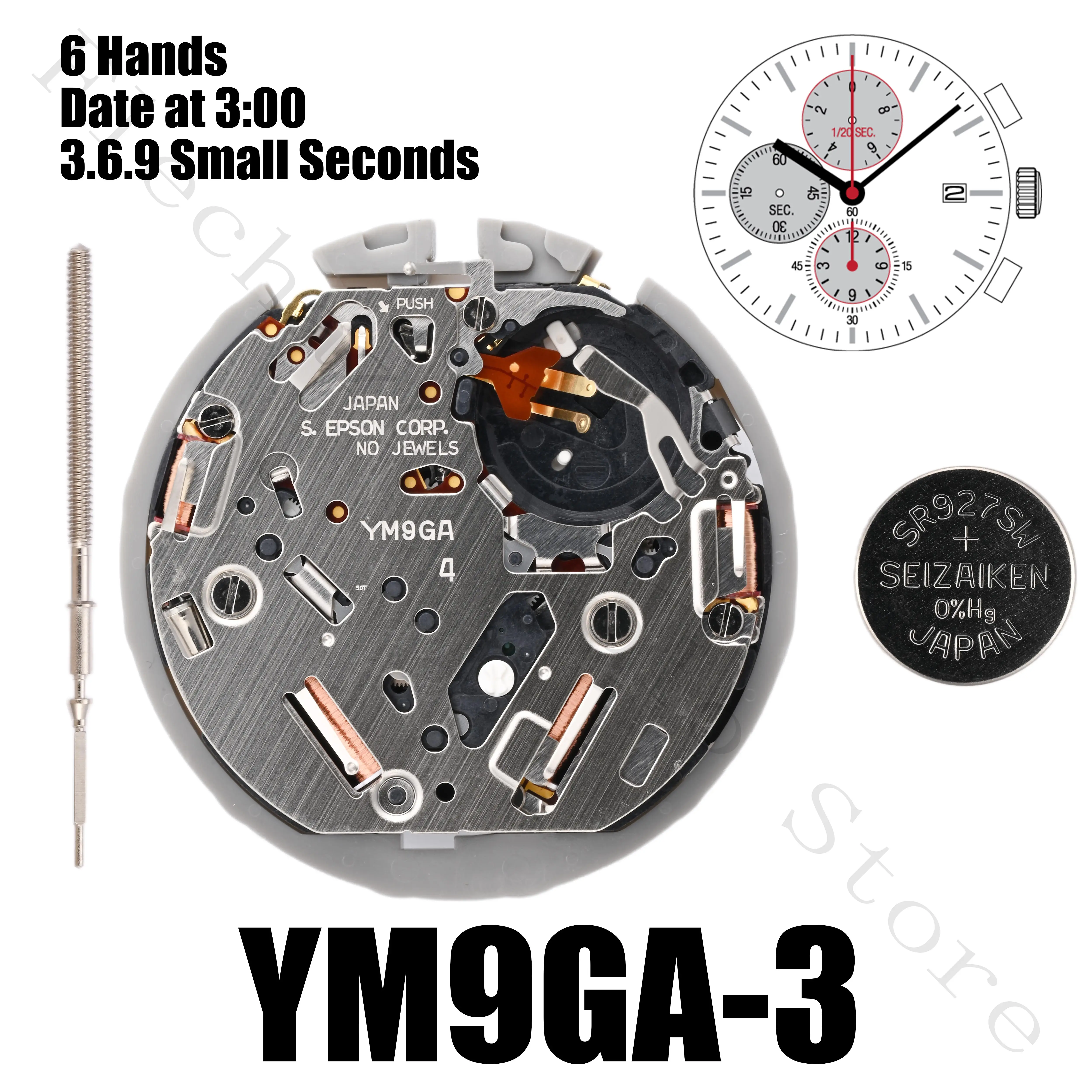 YM9G Movement Epson YM9GA Movement YM Series YM9GA Quartz Movement Size:12'''6 Hands 6.9.12 Small Seconds /date display at 3:00