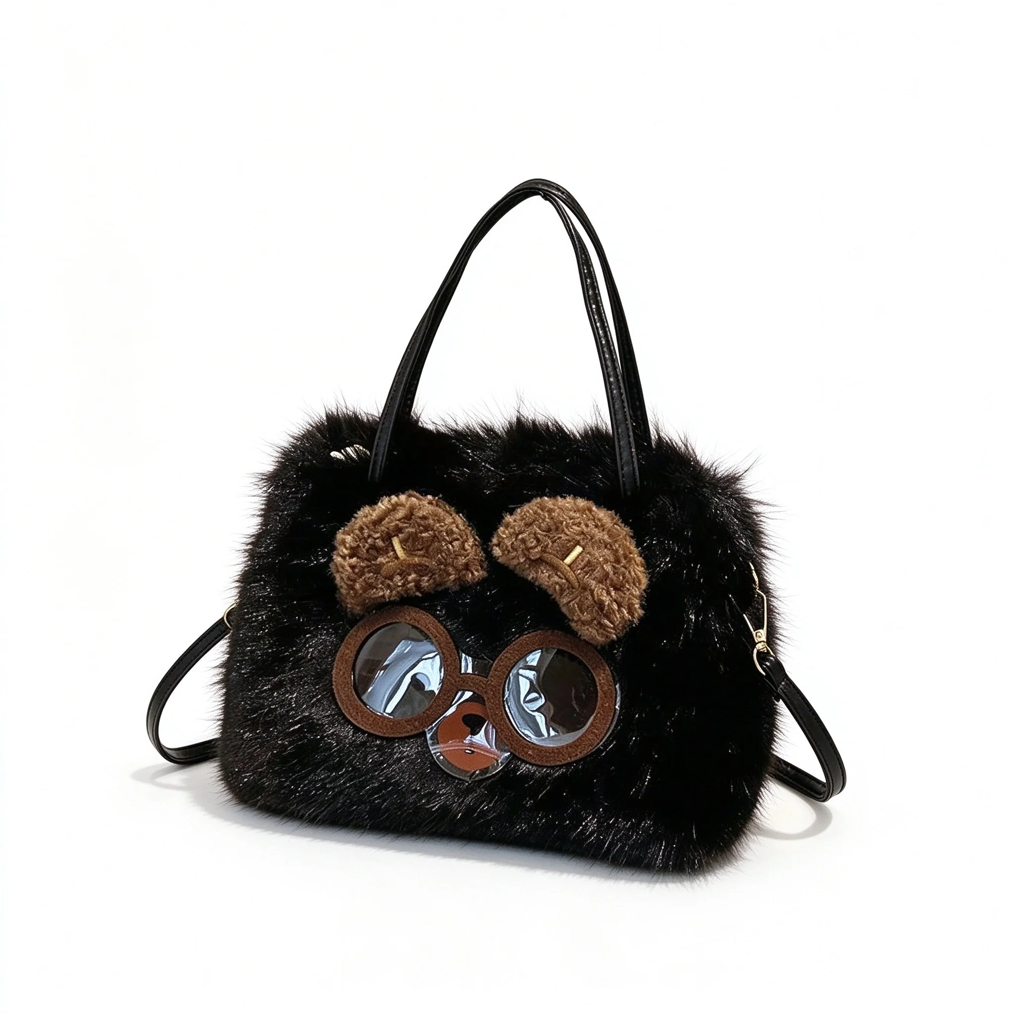 Light Dark Khaki White Pink Black Cute Plush Cartoon Bear Glasses Furry Handbag Crossbody Shoulder Bag Purse Commute for Girls