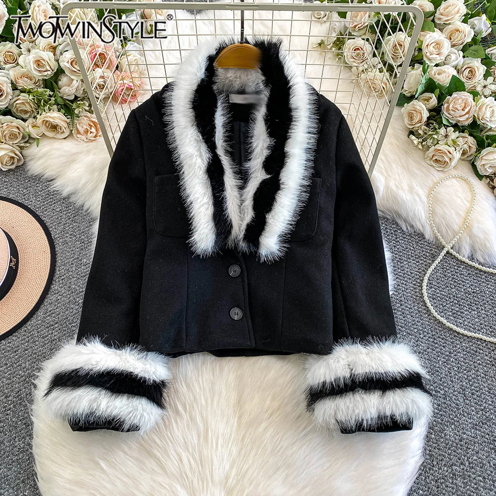 

TWOTWINSTYLE Casual Slimming Plush Jackets For Women Lapel Long Sleeve Autumn Warm Elegant Jacket Female Fashion New KJA553354