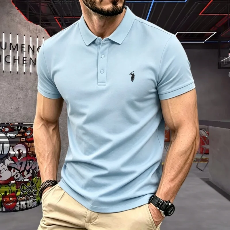 100% reine Baumwolle, hochwertiges Marken-Herren-Poloshirt mit kurzen Ärmeln, Sommer 2026, luxuriöses Mode-Golf-Oberteil mit Pony-Stickerei, lässiges T-Shirt – Detail 3