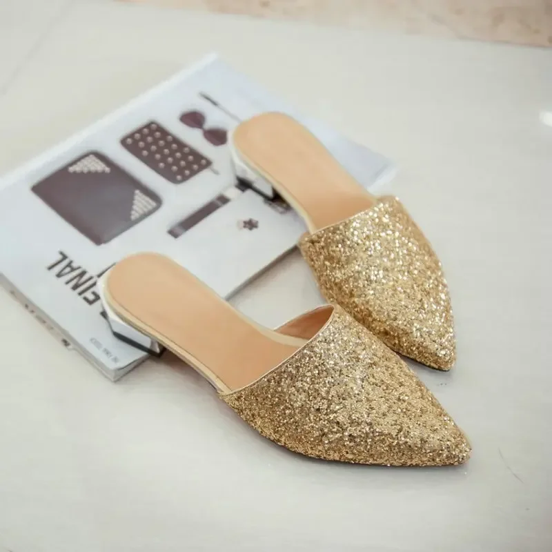 ZawsThia fashion sequined glitter woman sandals slides silver bling crystal low heel flat slippers women mules large size 42 43
