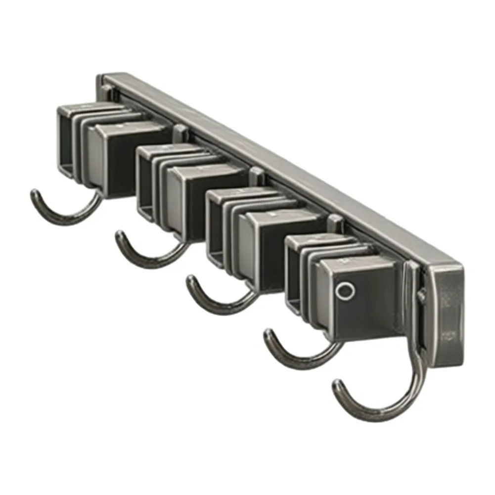 Mop and Broom Wall Holder with Reinforced Clips and Adjustable Slide Rail for Vertical Tool Storage No Drill Needed