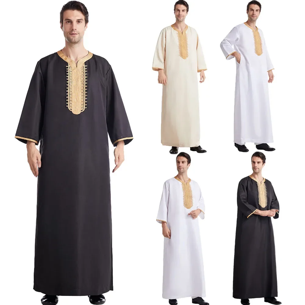 Men Traditional Muslim Jubba Thobes Arabic Islamic Clothing Fashion Embroidery Kaftan Saudi Arabia Dubai Abaya Long Dress Robes