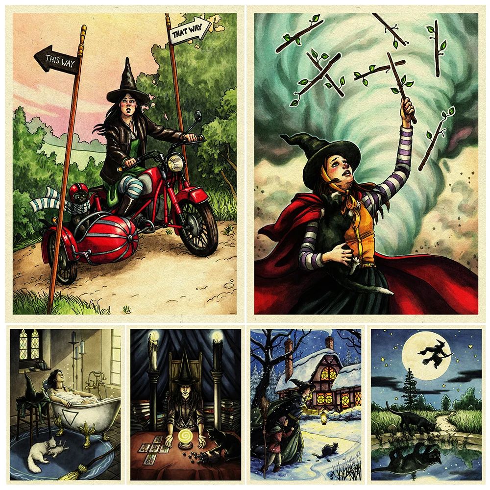 

Witches On Motorbikes,Travelling Alchemists,Wizard Painters Vintage Canvas Wall Art The Life Of Wizard Art Poster Print Decor