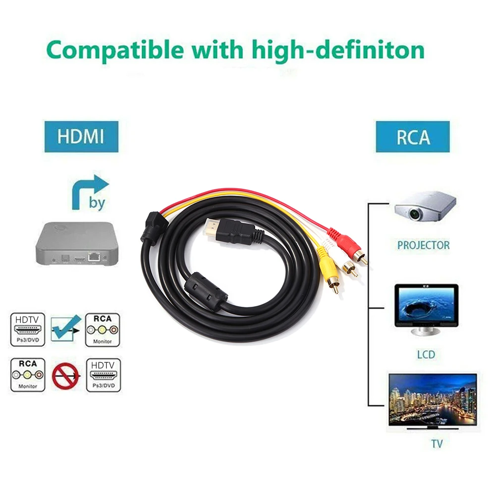 HDMI-Compatible Male to 3 RCA Male Audio Video AV Adapter Converter Cable 1080P